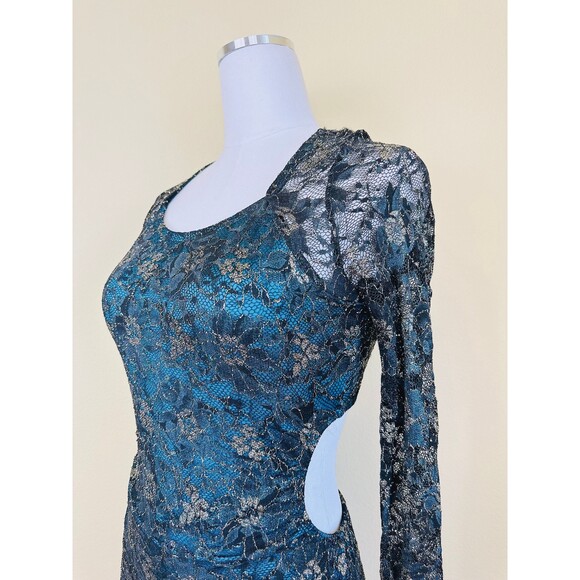 1990s Vintage Romper / 90s Teal Gold Black Lace Cut Out Back Playsuit / Medium - Picture 6 of 8